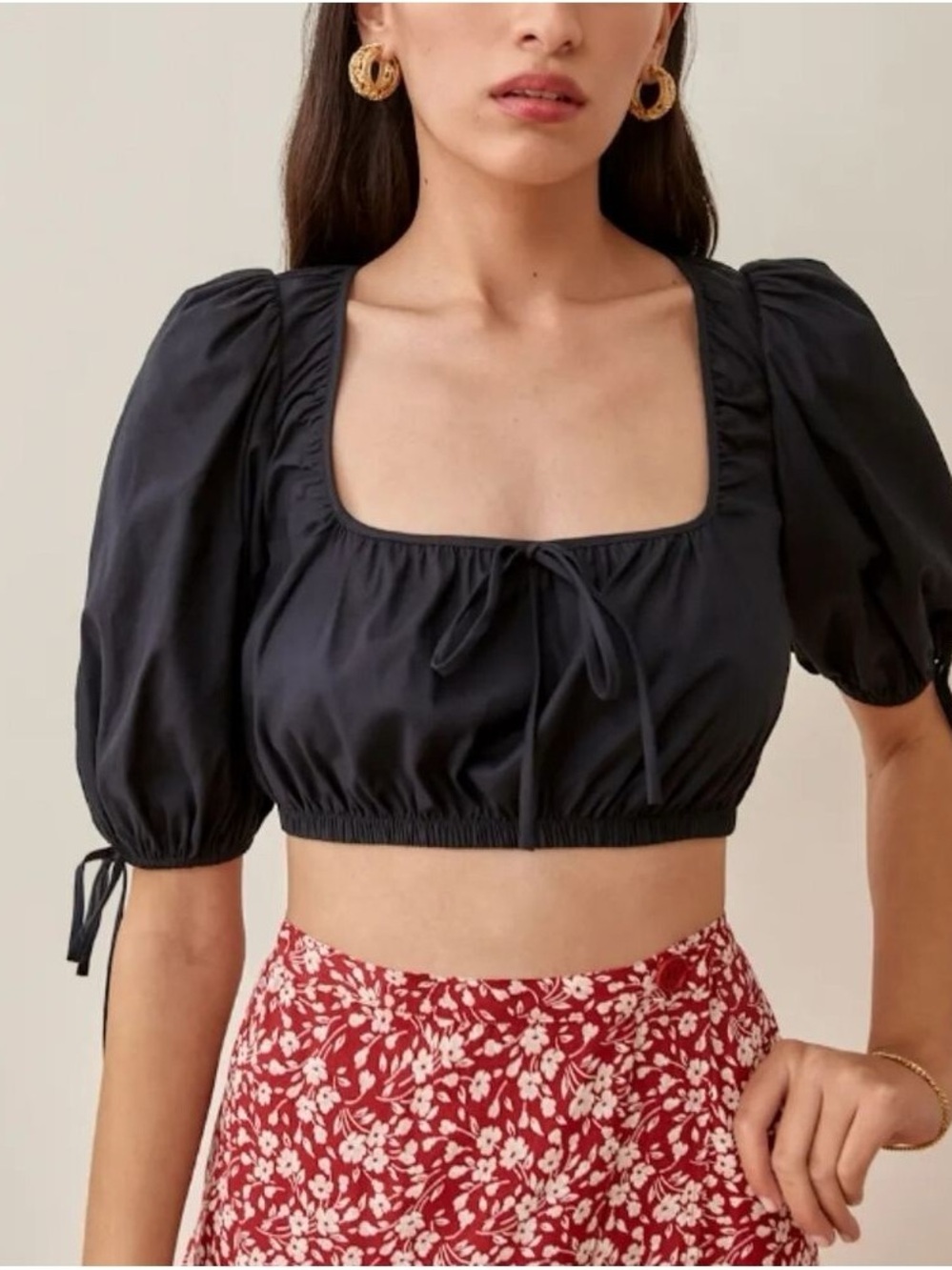 Reformation Black Cropped Tie-Front Peasant Blouse